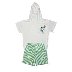 Disney Size 3T Mickey Mouse Tennis Hoodie and Striped Shorts Set Green Cream